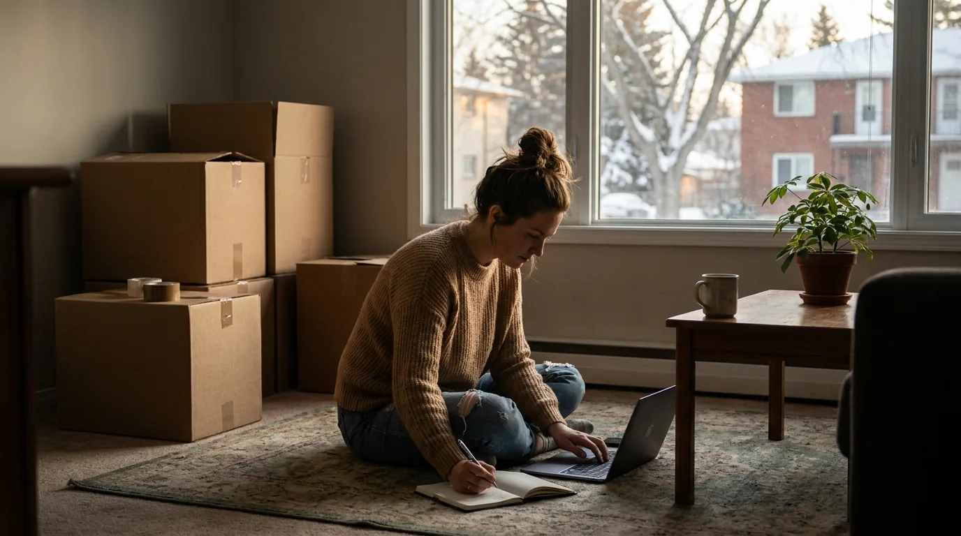 A woman working out home-buying numbers on a laptop in a small Edmonton apartment, winter light through the window