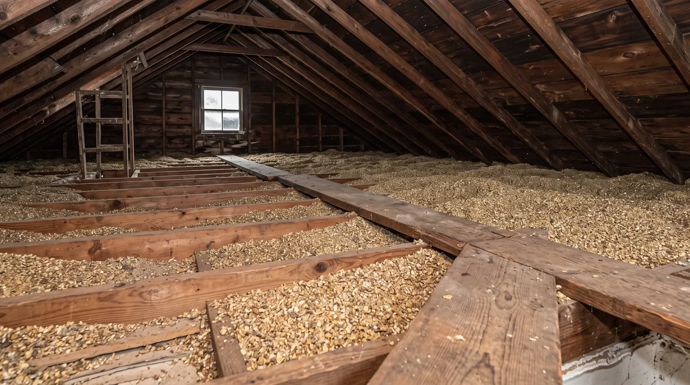 Gold-brown pebbly vermiculite loose-fill insulation lying between the joists of an unfinished attic in an older house, with a plank walkway across it