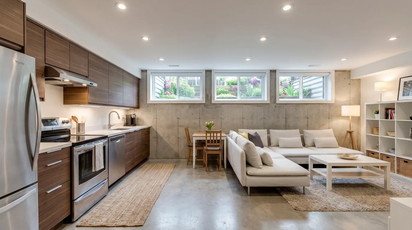The kitchen and living area of a finished basement suite, with windows at grade level looking onto a garden