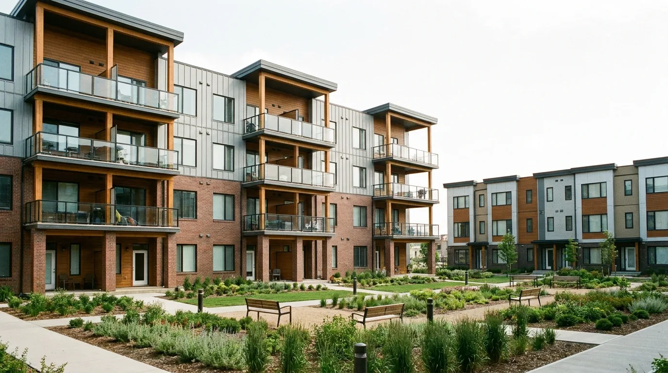 A low-rise Edmonton condo building and townhouses on a residential block