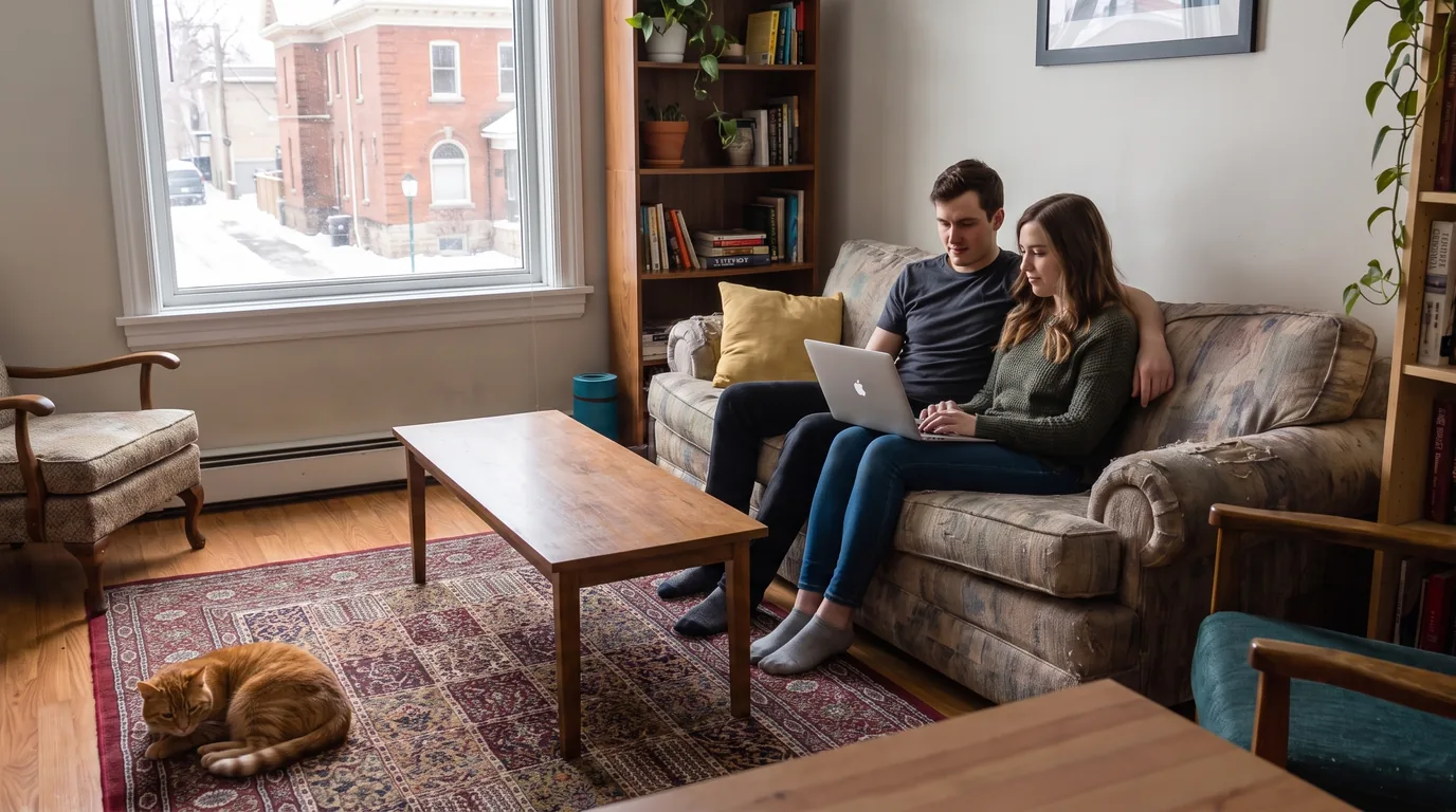 A couple relaxing together on the couch, browsing on a laptop