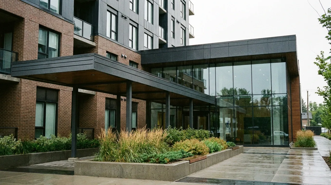 The lobby and entrance of a modern Edmonton condominium building