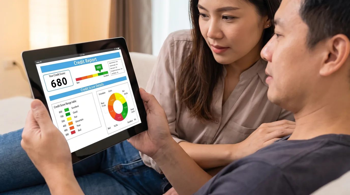 A couple reviewing a credit report together on a tablet