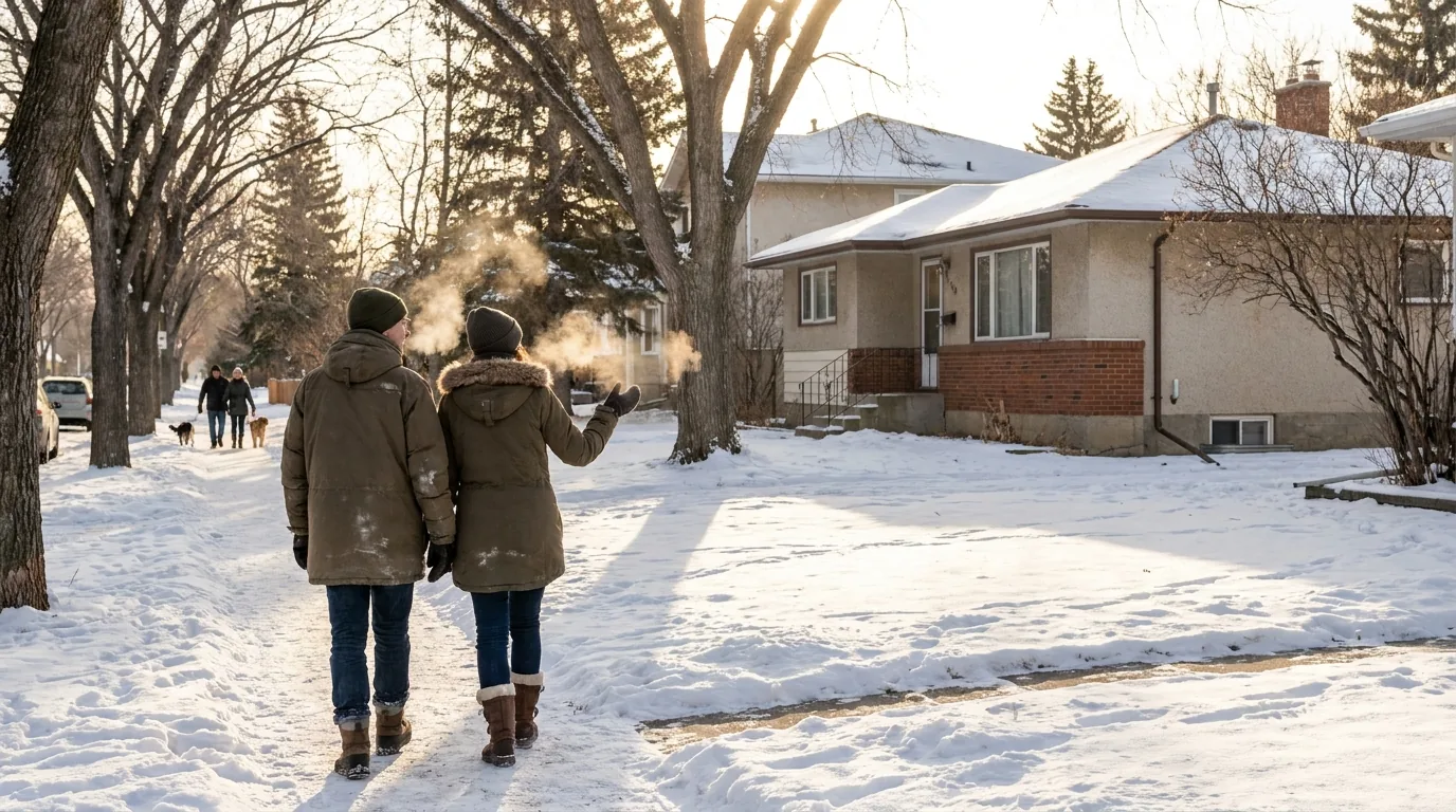 A couple in winter coats walking a snowy Edmonton street, looking at bungalows across the road