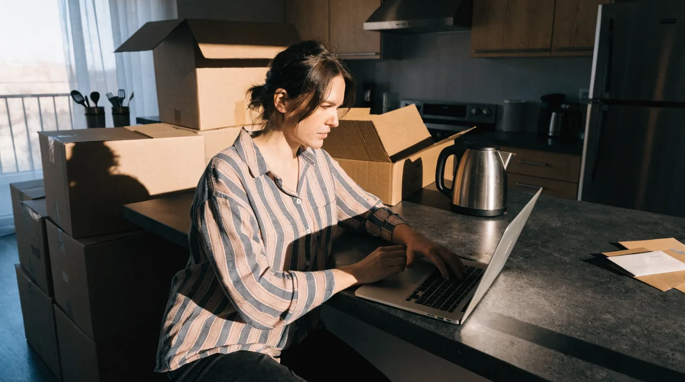 A new homeowner at a kitchen table in Edmonton setting up utility accounts on a laptop