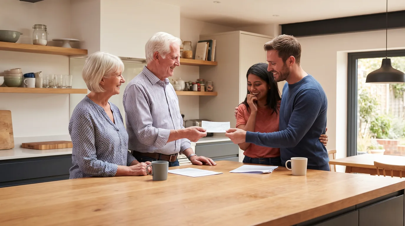 Parents handing their adult child a cheque at the kitchen table