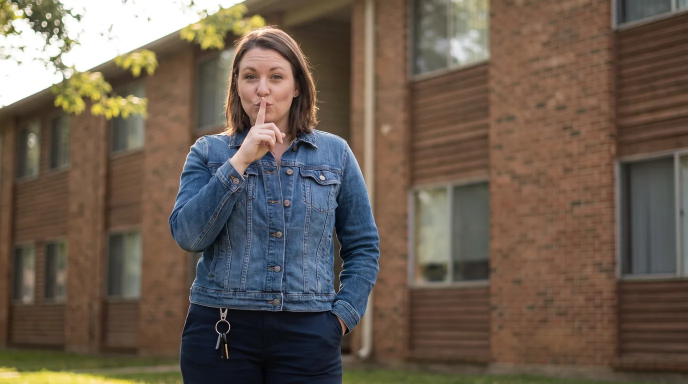 A landlord making a “shh” gesture outside an apartment building