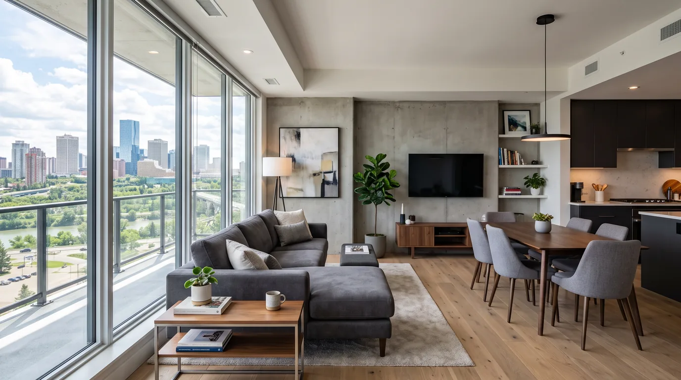 A modern condo living room with an Edmonton skyline view
