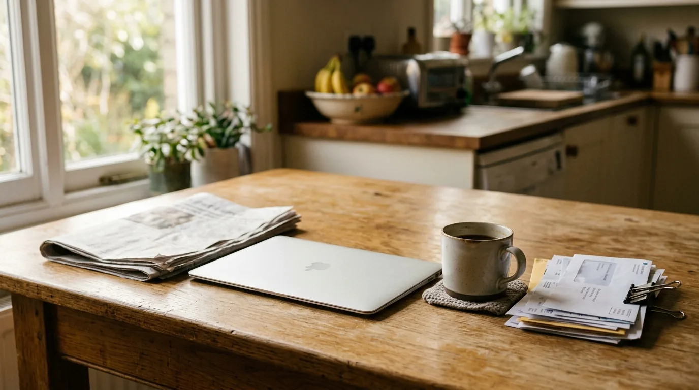 A kitchen table with household paperwork, a laptop and a coffee in morning light
