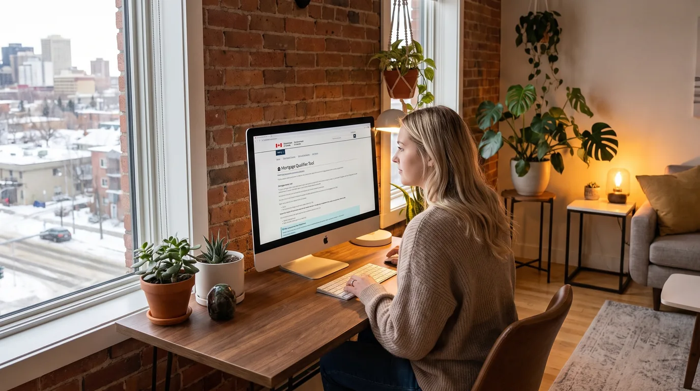 A woman using the Government of Canada mortgage qualifier tool at home