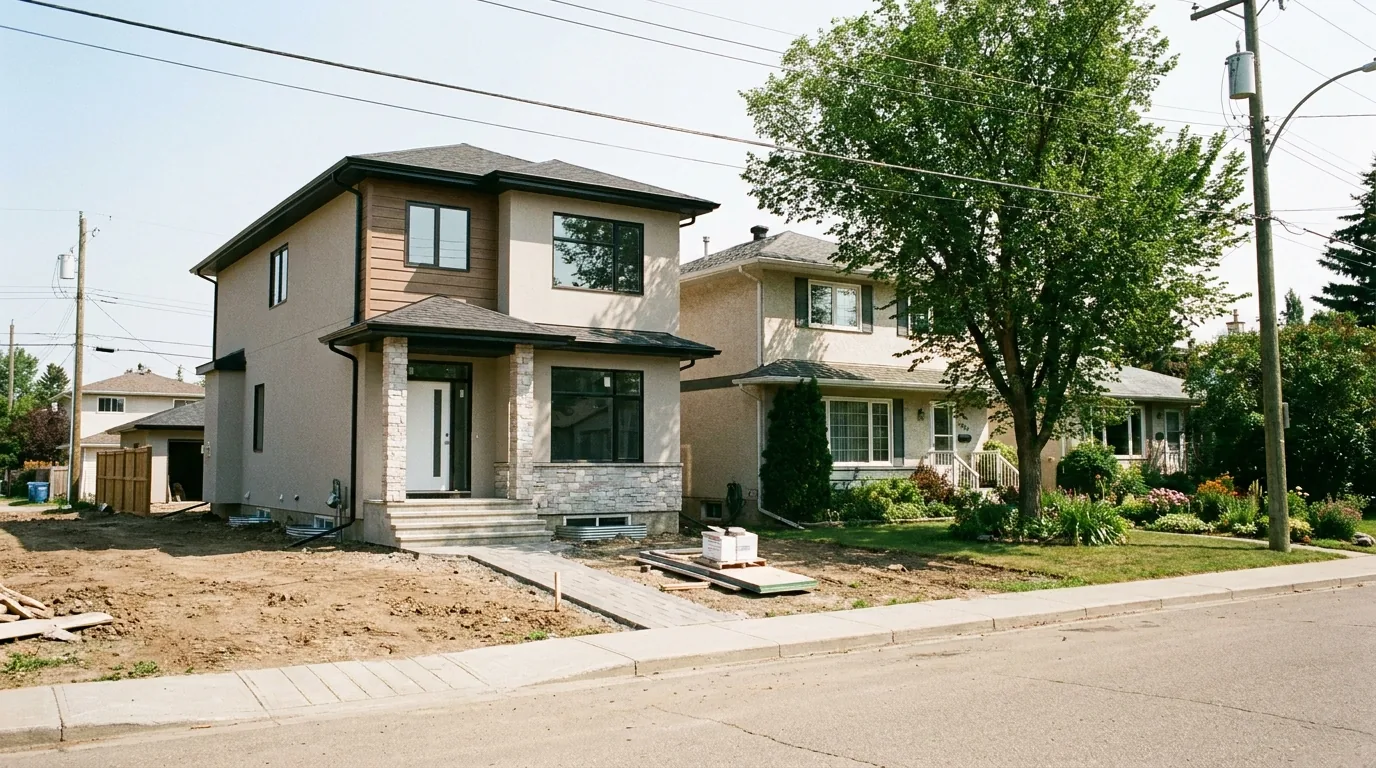 A newly built Edmonton house under construction beside an established older home