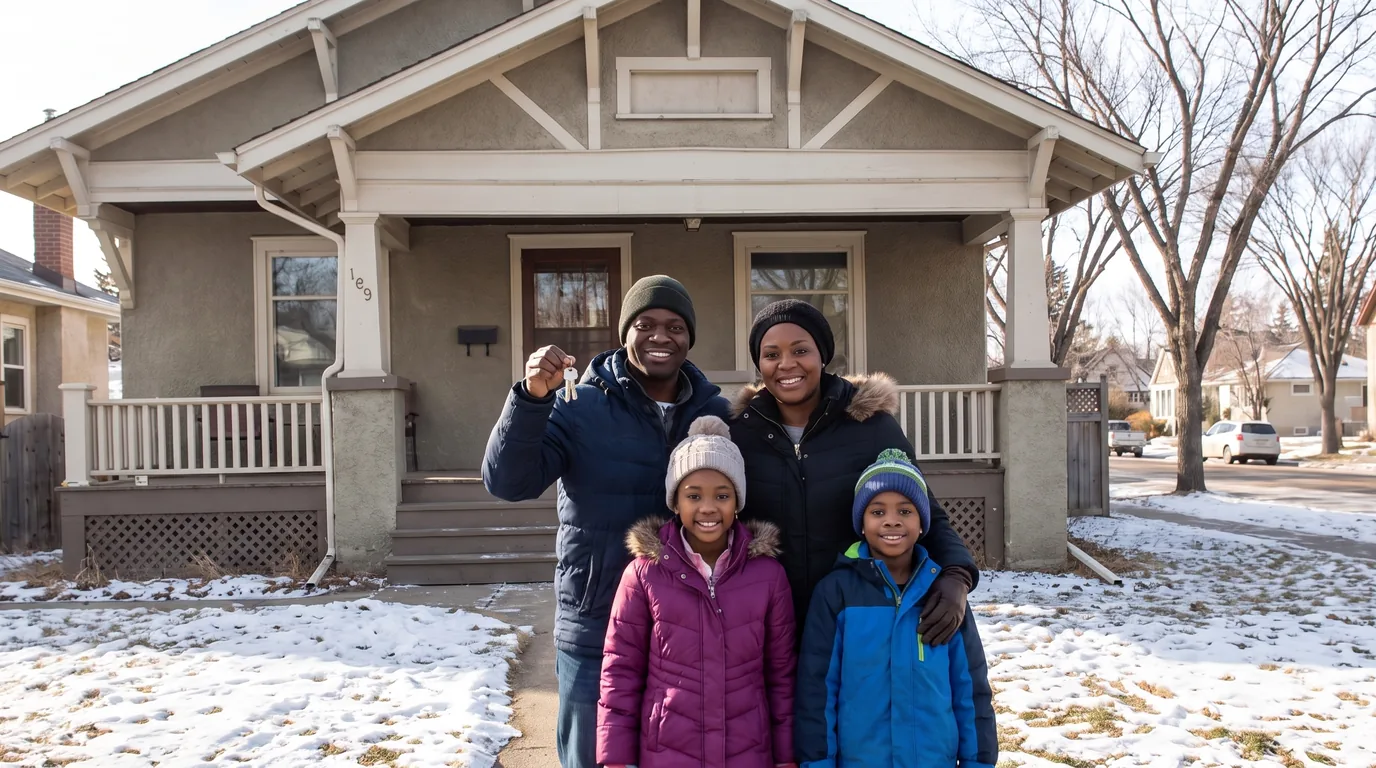 A family holding up new house keys outside their Edmonton home