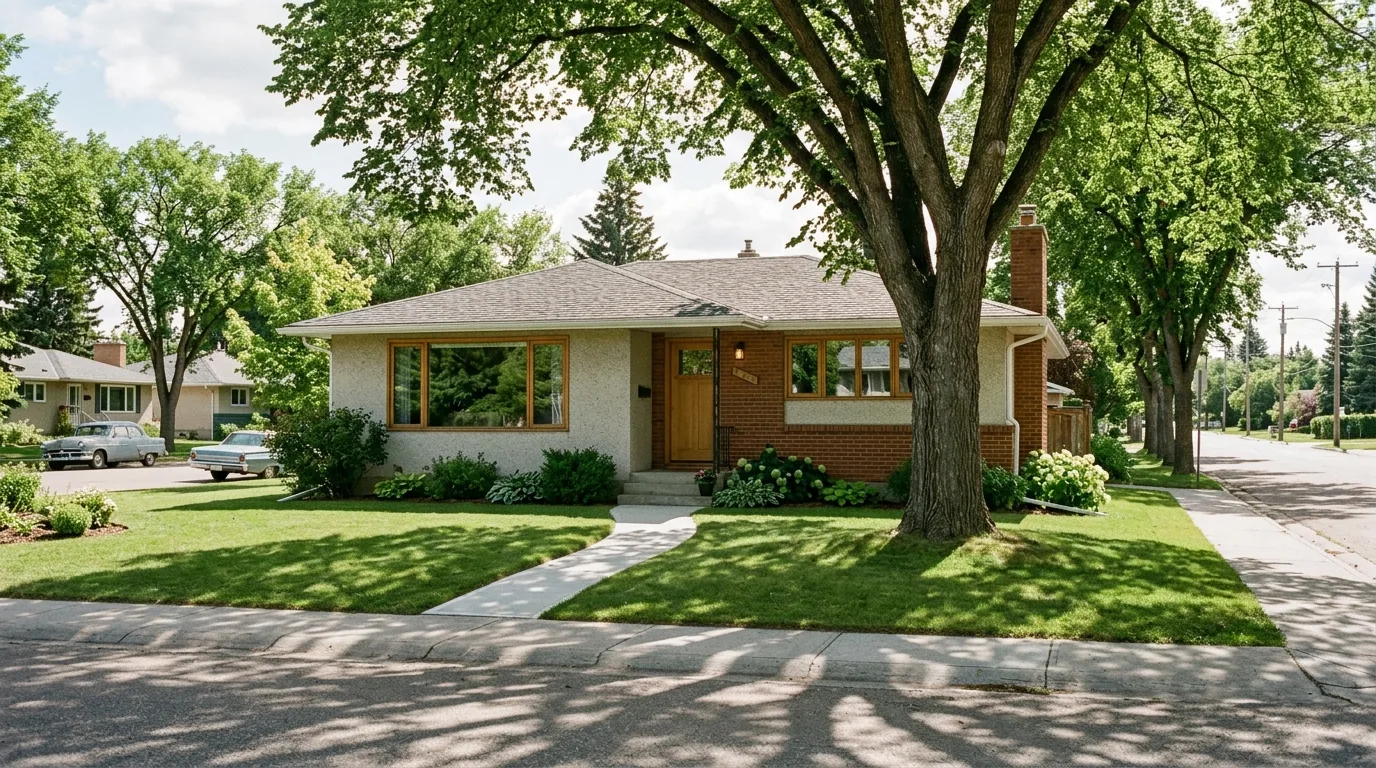 A 1950s Edmonton bungalow with a mature front tree and original brick detailing