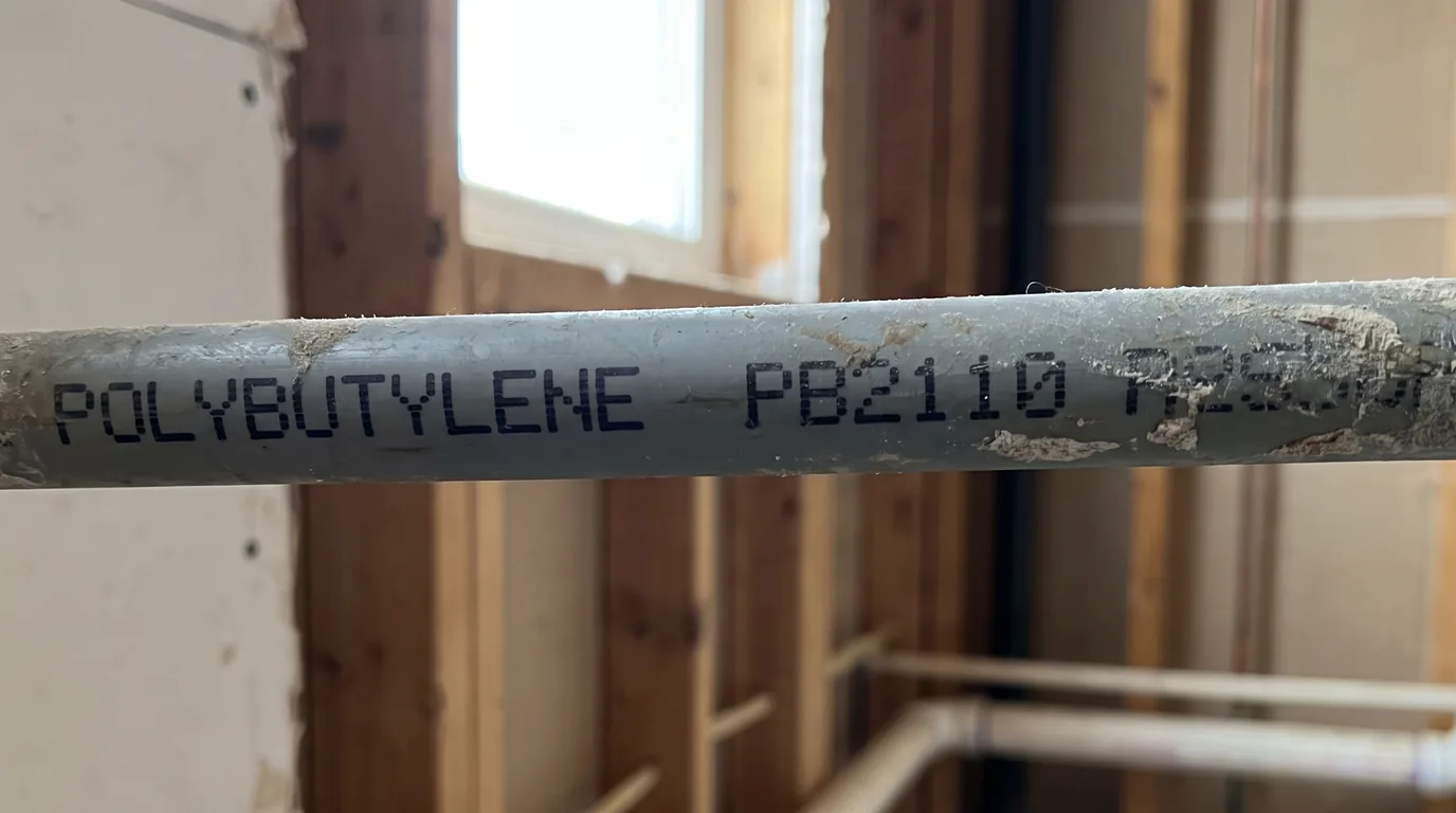 Close-up of grey Poly-B water-supply pipe stamped POLYBUTYLENE PB2110, running through the open stud wall of an Edmonton basement
