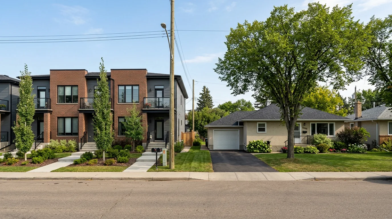 A row of Edmonton townhouses beside a detached house on a residential street