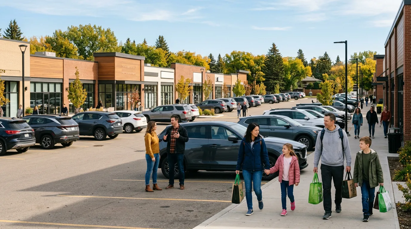 A modernised southeast Edmonton town centre on an autumn afternoon, with families walking to their cars carrying shopping
