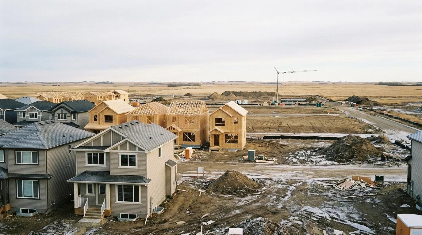A west Edmonton subdivision under construction, finished homes in front of houses still being framed, with open prairie beyond