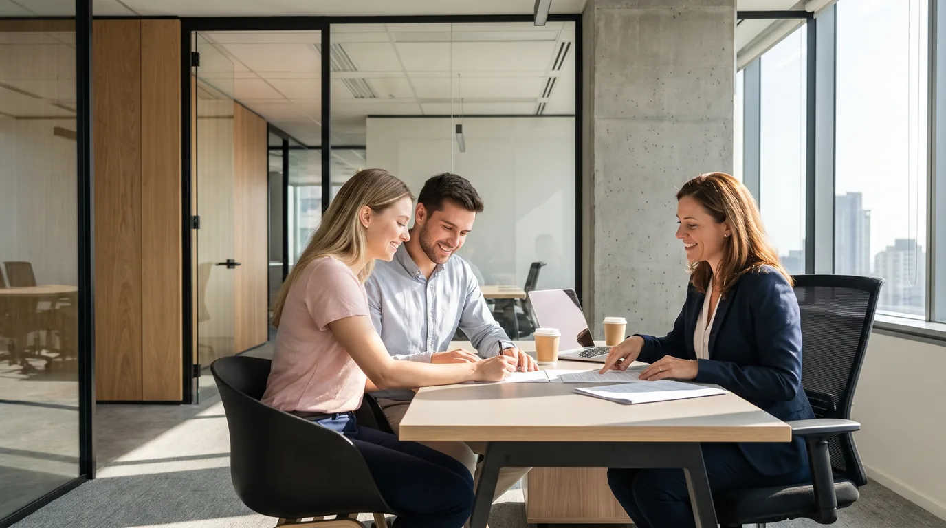 A couple sitting with a professional at a boardroom table, reviewing documents with a city skyline through the windows