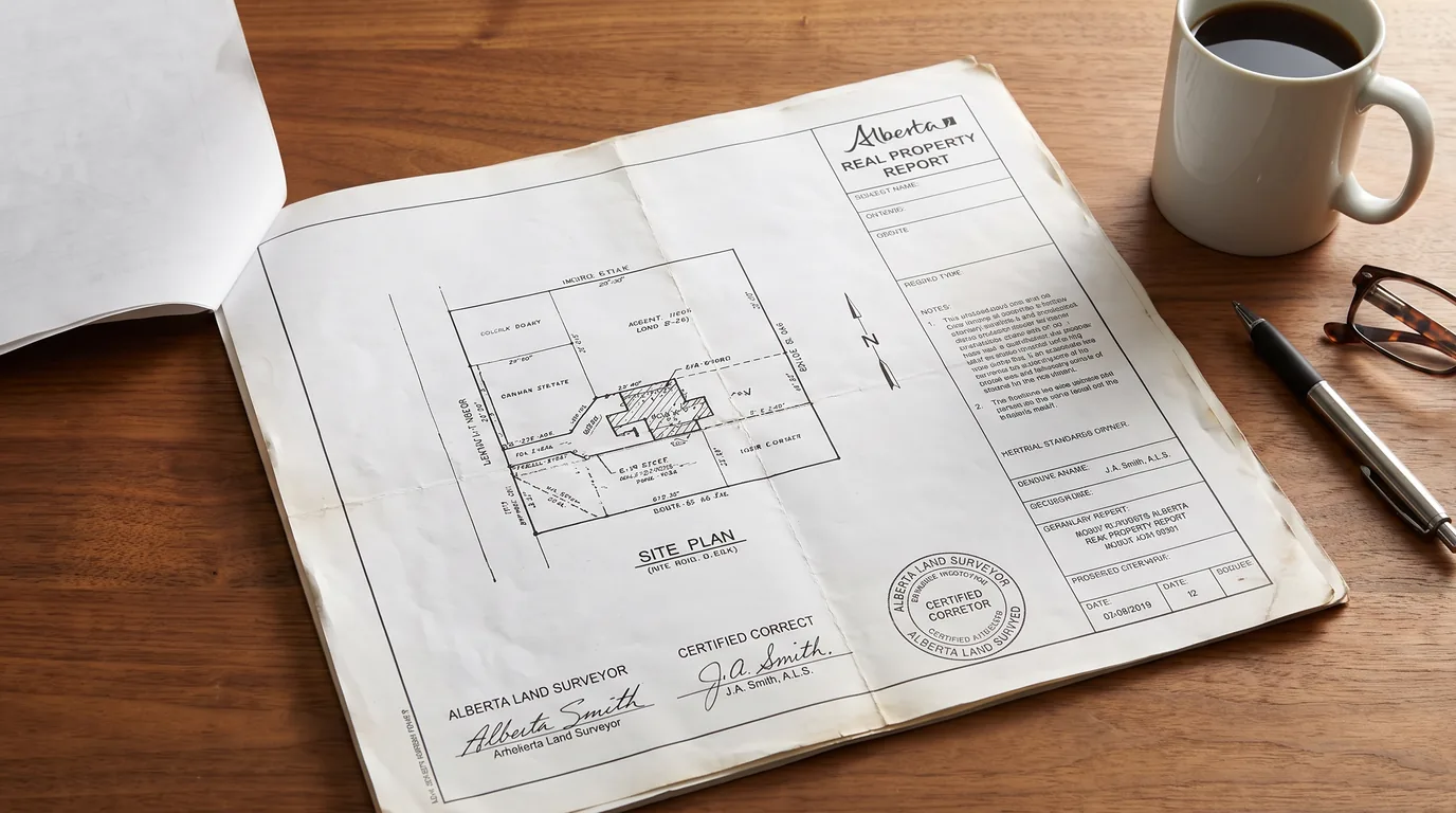 An Alberta Real Property Report open on a desk showing a surveyed site plan with the house and lot boundaries, beside a coffee and reading glasses