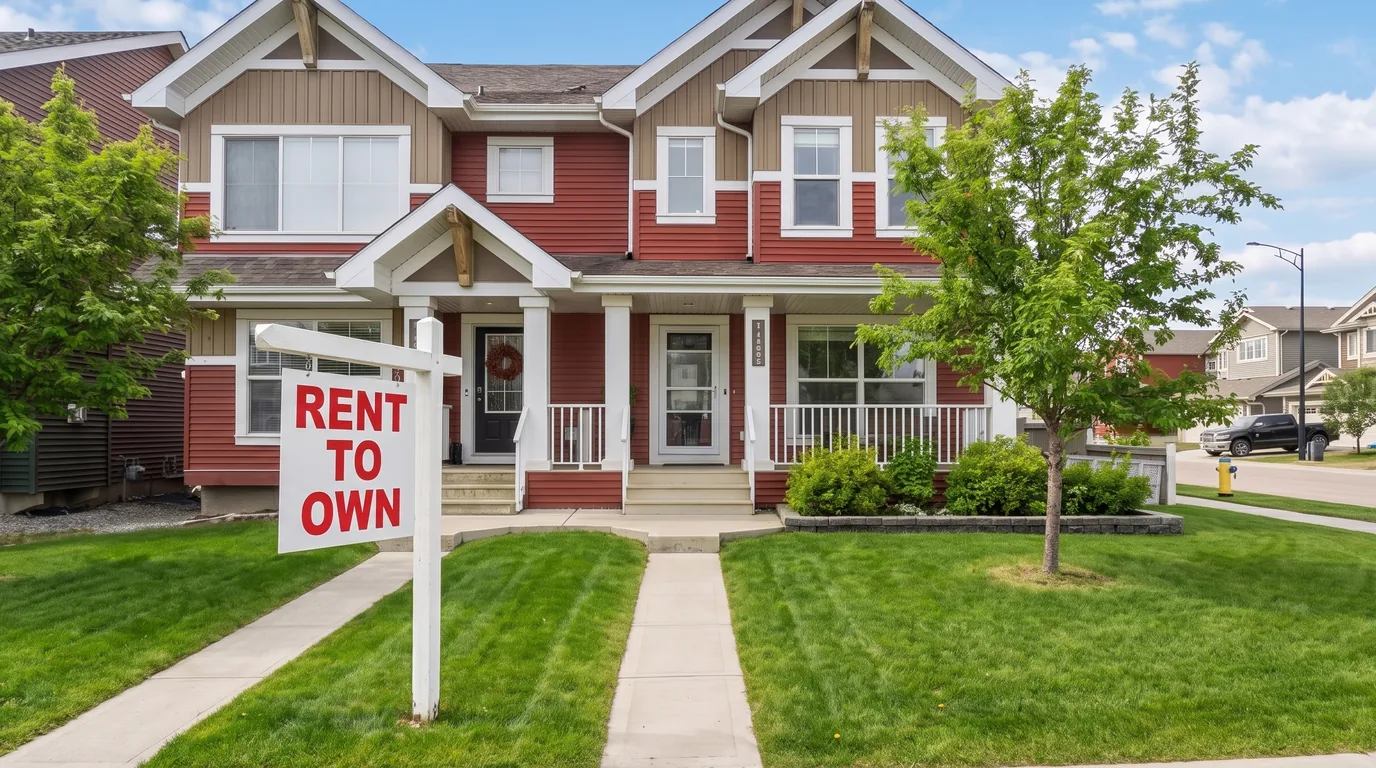 A townhouse with a “Rent to Own” sign on the front lawn