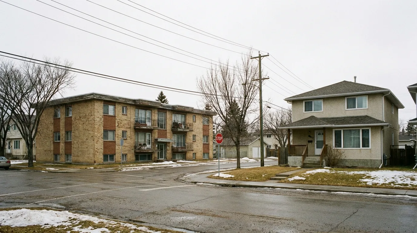 An Edmonton apartment building and a detached house seen across a residential street