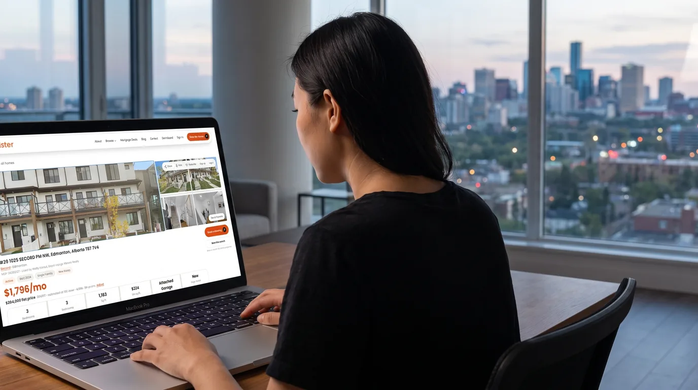 A renter browsing Padster listings on a laptop, with the Edmonton skyline behind her