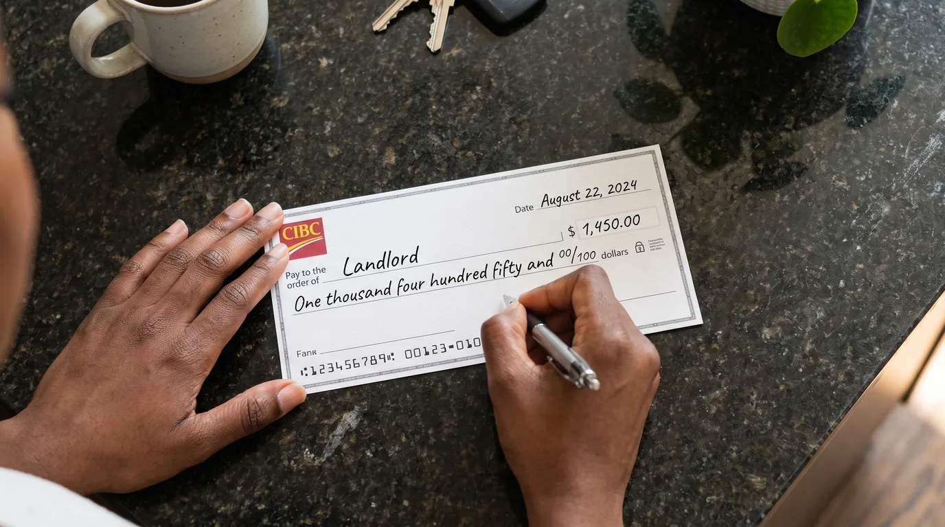 A tenant writing a rent cheque made out to their landlord