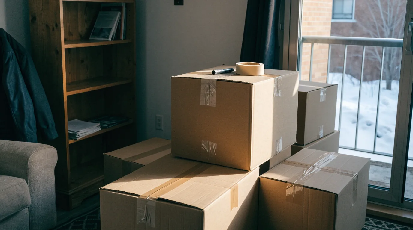 A couple packing boxes in an Edmonton rental apartment on moving day