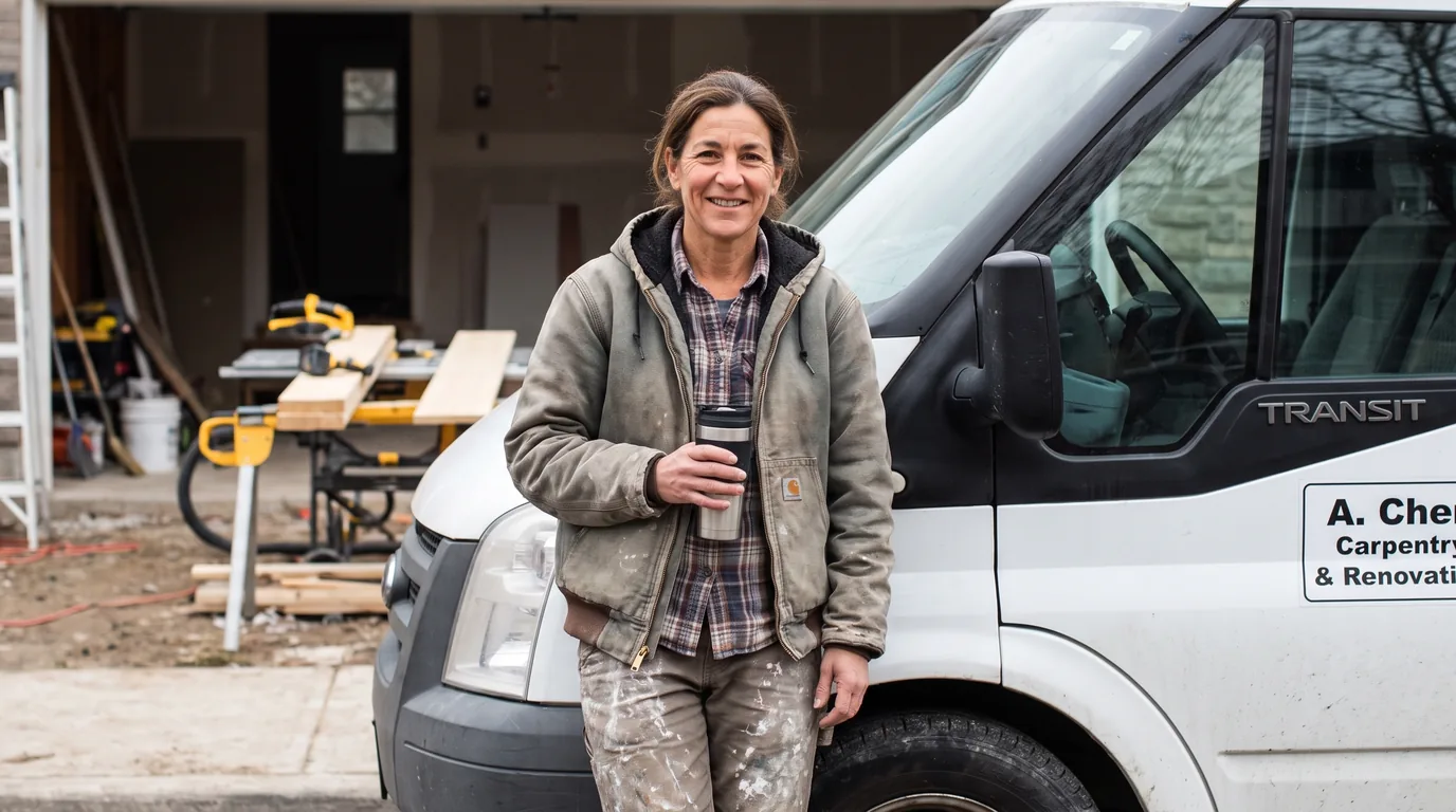 A self-employed tradesperson standing beside her work van