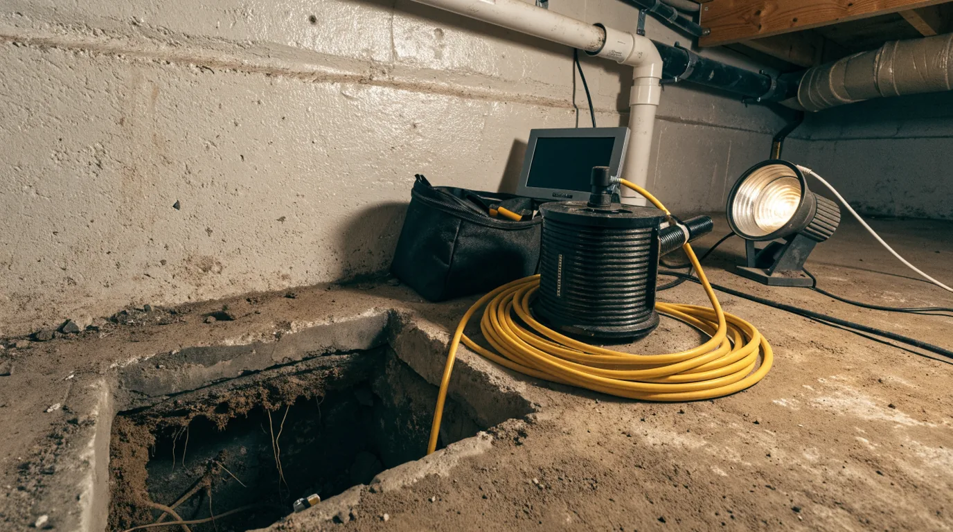 A sewer camera cable being fed into a basement cleanout in an older Edmonton house