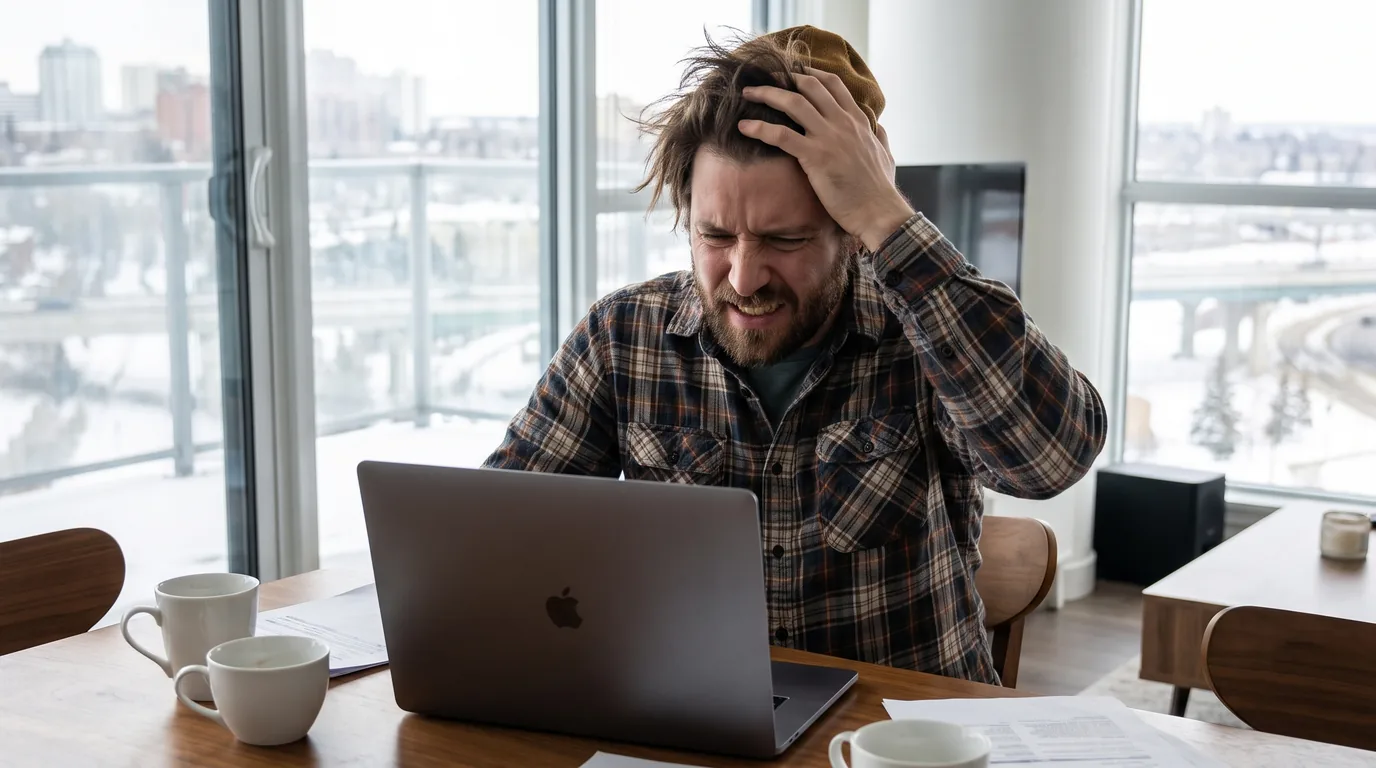 A frustrated renter reviewing bills at his laptop, Edmonton skyline behind him